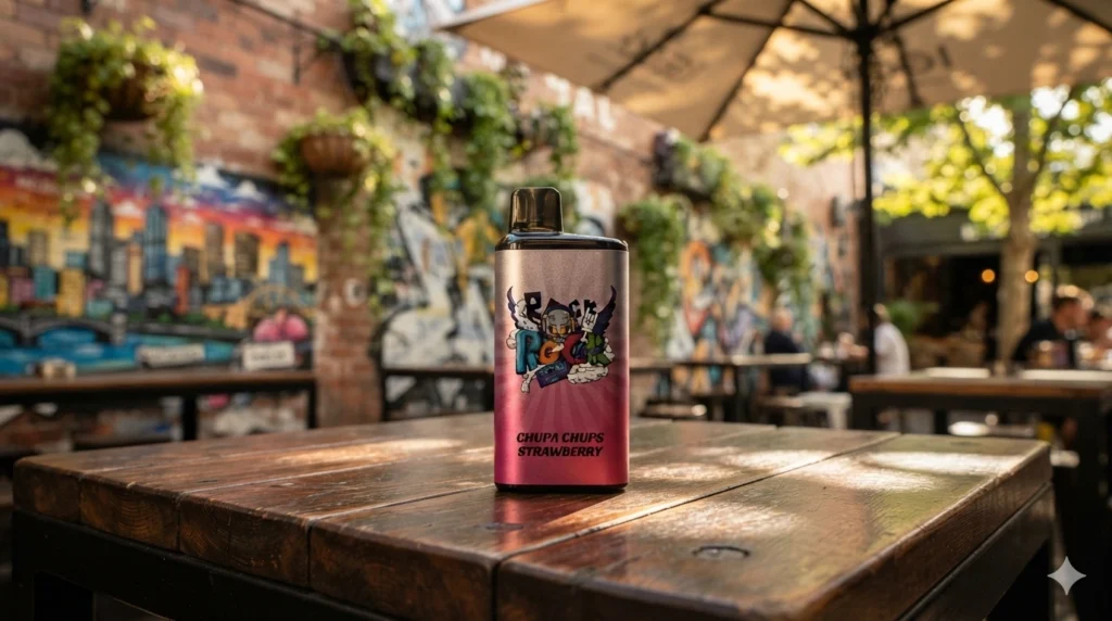 A professional lifestyle product photograph of an IGET Bar Pro 10000 disposable vape with vibrant street-art graffiti wrap, standing upright on a rustic dark wooden table at an outdoor cafe in Melbourne. In the background, a soft-focus brick wall covered in artistic murals and lush green hanging plants, creating a beautiful bokeh. Natural warm morning sunlight filters through leaves, casting soft shadows. Shot on an 85mm lens, f/1.8, photorealistic, incredibly detailed texture on the metallic vape body, 8k resolution