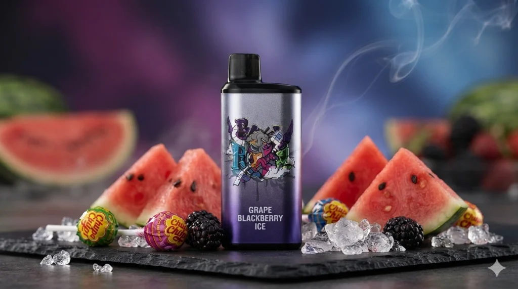 A vibrant overhead flat lay photograph showcasing four different colourful IGET Bar Pro 10000 vape devices arranged neatly on a textured dark wood background