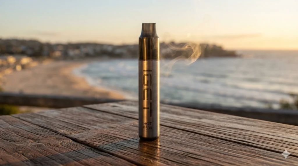 High-end commercial product photography of an IGET Hot 5500 metallic vape pen standing upright on a polished weathered teak wood tabletop in Sydney