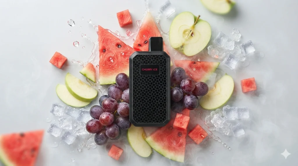 Commercial advertising flat lay photography showcasing the textured black IGET Star L7000 vape centered on a dark slate background