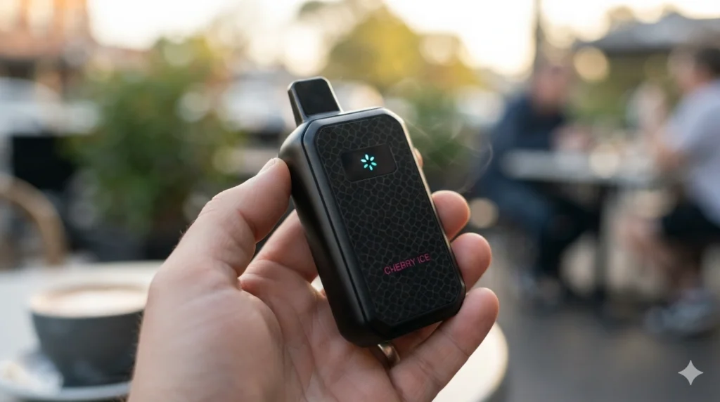 A macro photograph of an adult hand holding the base of the IGET Star L7000 vape, showing the precision Type-C charging port and bottom air intake vents.
